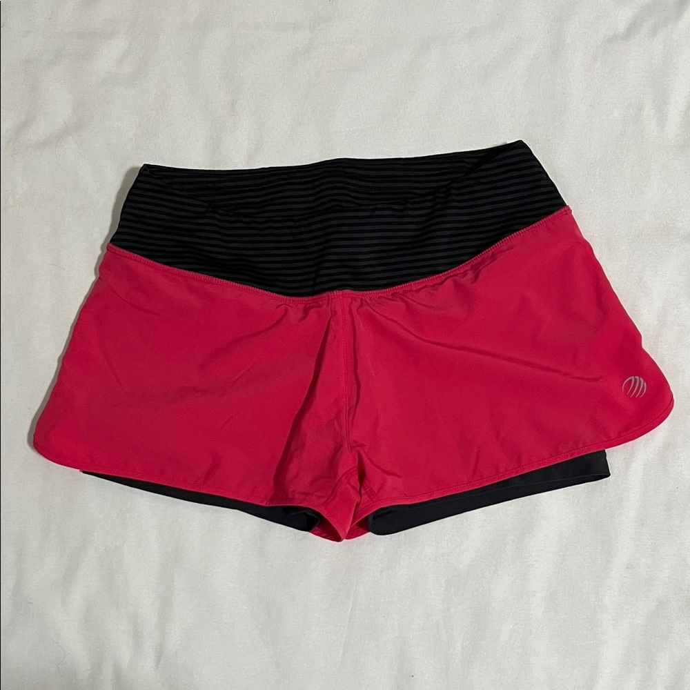MPG Women's Pink Athletic Shorts with Black Striped Waistband